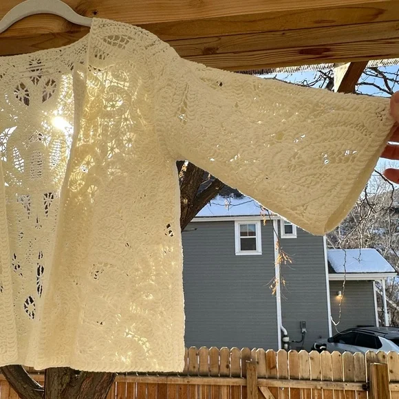 Anthropologie Open Front Crochet Lace Kimono Cropped Cardigan Jacket small - Picture 8 of 16